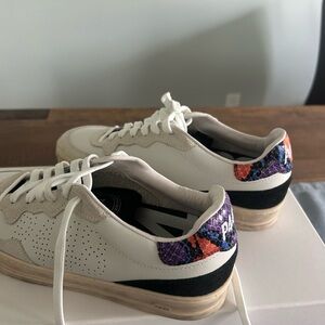 P448 White Sneakers with Purple and Orange Snakeskin Heel Accent